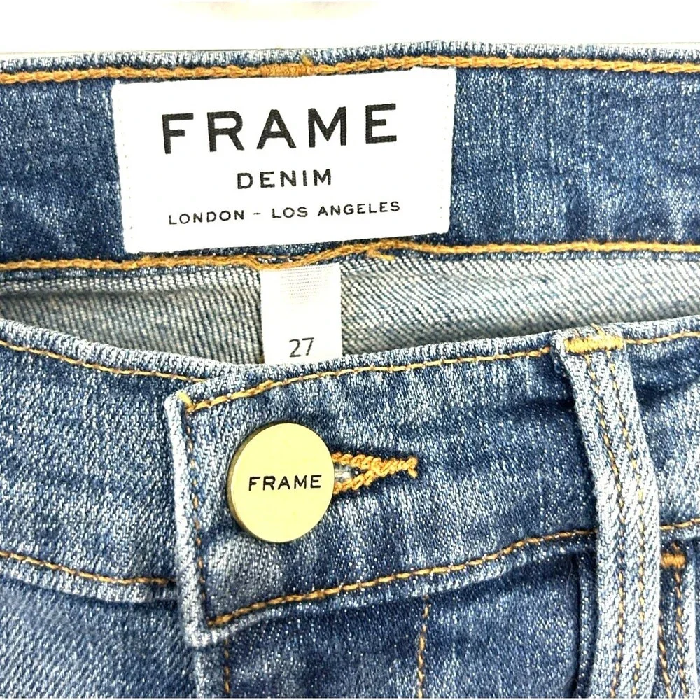 Frame Le High Straight Jeans Womens Sz 27 Blue Distressed Ankle Zip High Rise N3